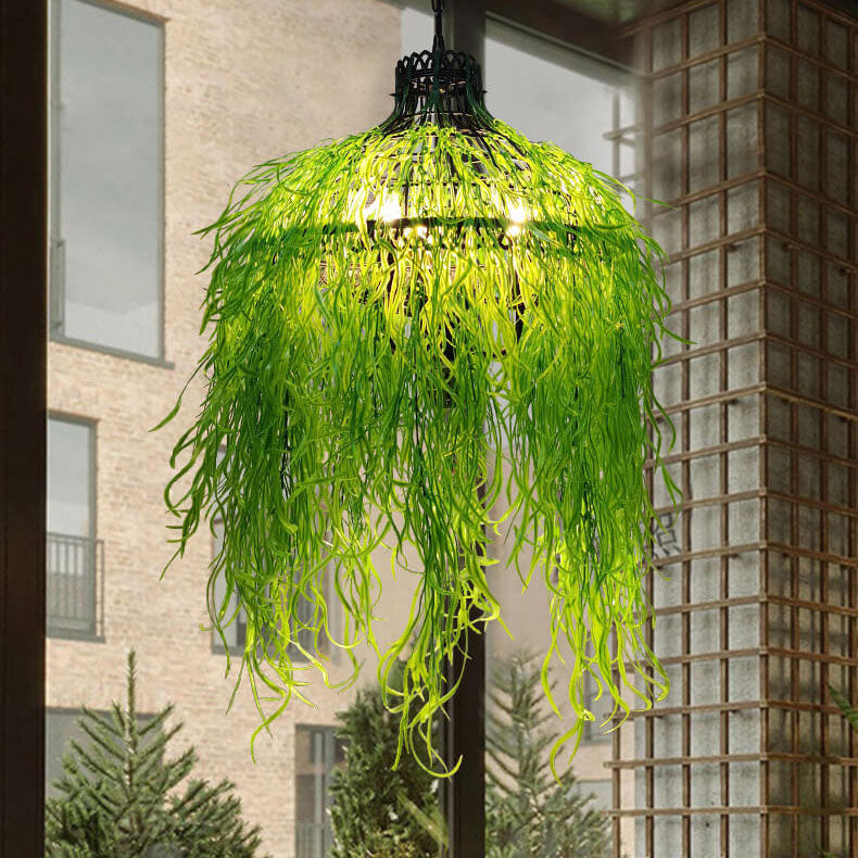 Moderner Kronleuchter mit 3 Lichtern und Pflanzenranke – Grünes und Lila Eisen-Design, LED geeignet 0