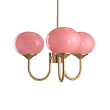 Stilvoller Marshmallow-Kronleuchter mit goldenem Finish und rosa Glasschirmen – 3 oder 5 Köpfe 0