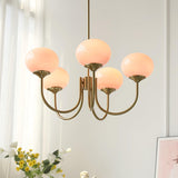 Stilvoller Marshmallow-Kronleuchter mit goldenem Finish und rosa Glasschirmen – 3 oder 5 Köpfe 2