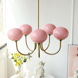Stilvoller Marshmallow-Kronleuchter mit goldenem Finish und rosa Glasschirmen – 3 oder 5 Köpfe 5